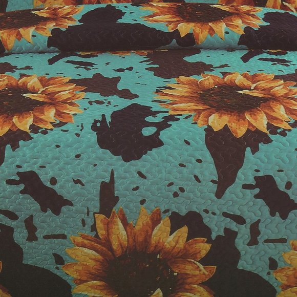 Cow Print & Sunflowers Turquoise Western Bedding Set Queen King Size Velvet Over - Picture 2 of 3